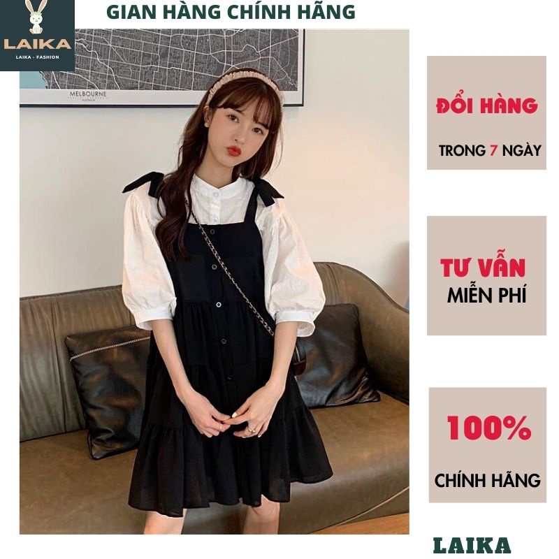 Set Áo Tay Bồng Kèm Váy 2 Dây Babydoll Phối Trắng Viền Thắt Nơ Cách Điệu, Set Váy Yếm 2 Dây Basic ULAZZANG - LAIKA