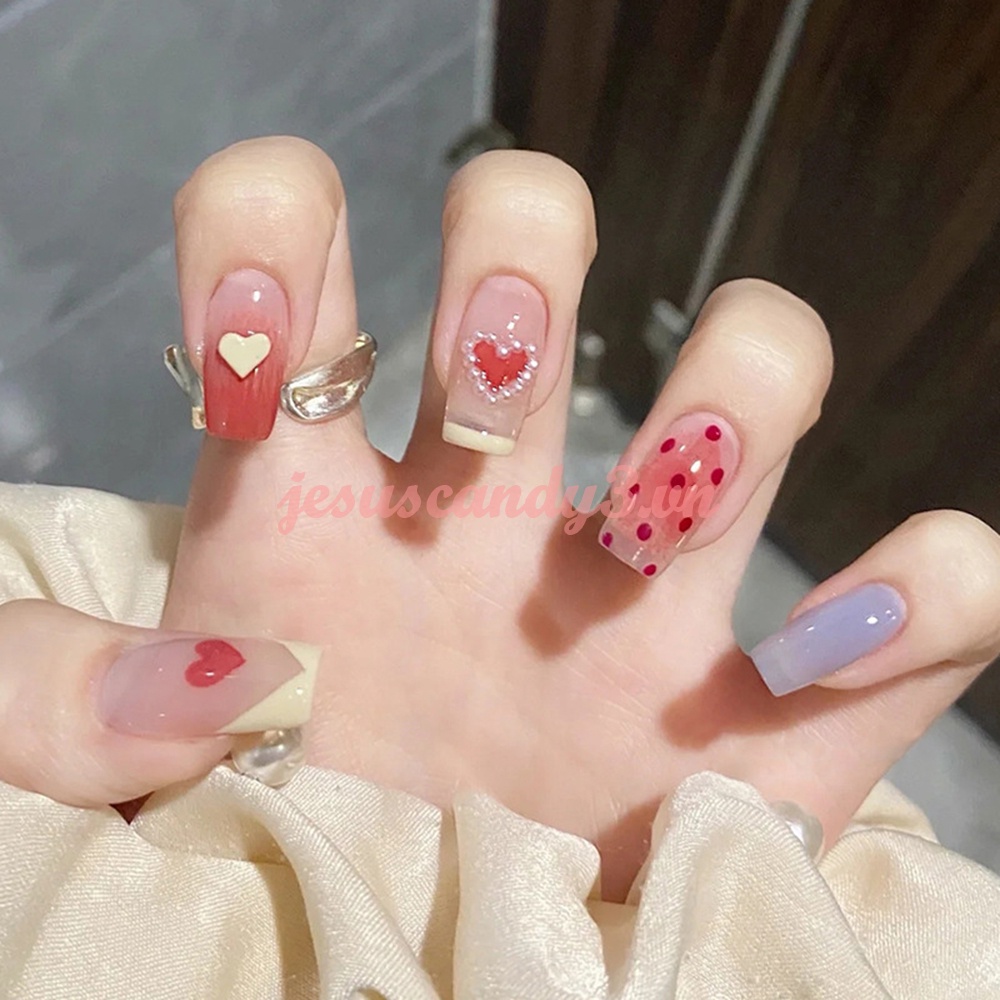 Bộ 24 Móng Tay Giả Ngắn Bóng In Họa Tiết Trái Tim Phong Cách Pháp Bảo Vệ Toàn Diện Dành Cho Nữ / Bé Gái / Salon DIY