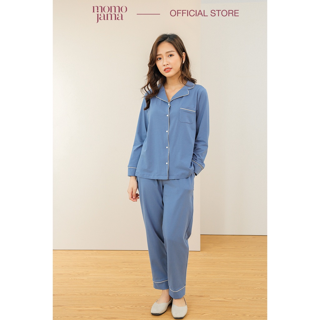 Bộ Pijamas mặc nhà dài tay MOMOJAMA chất liệu thun cotton - 2 màu trơn M2762