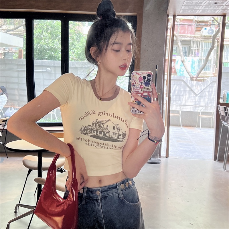 Áo Thun Croptop Cổ Tròn Tay Ngắn In Họa Tiết Thời Trang Cho Nữ