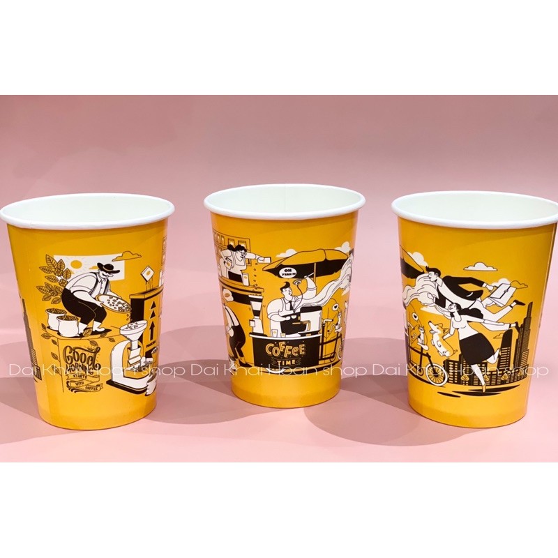 50 Ly Giấy In Hình Coffee Time Vàng  14oz – 360ml Có Nắp | Ly giấy cafe | Ly giấy đựng cà phê | Cốc giấy.