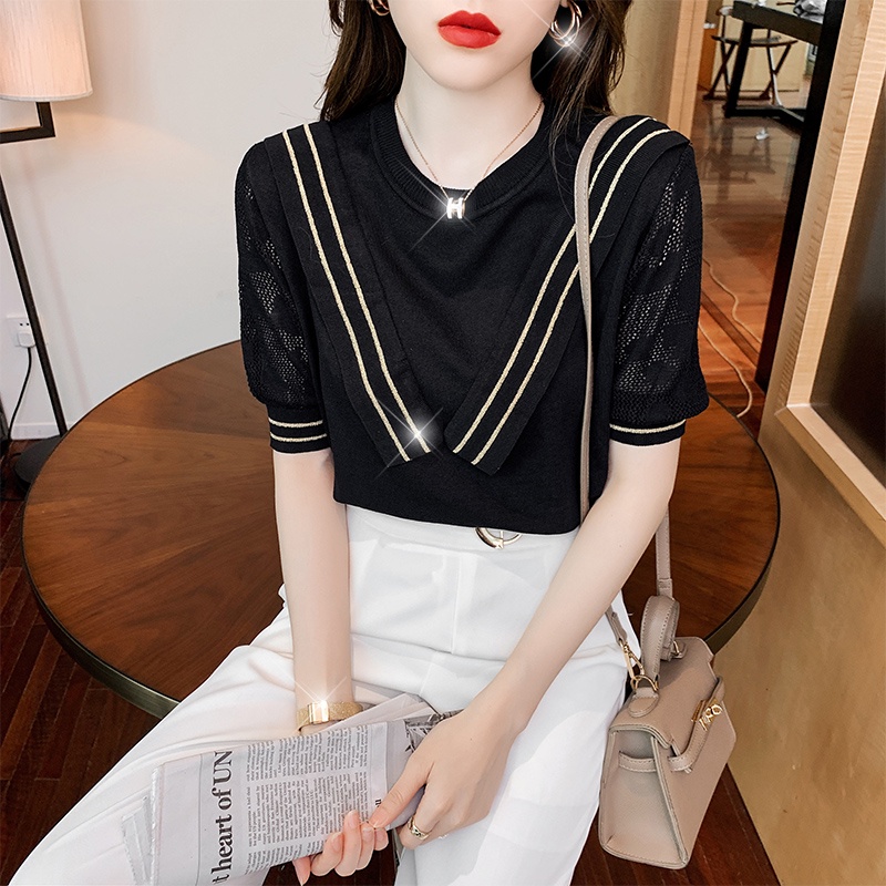 Áo kiểu ZHELIHANGFEI tay ngắn vải lụa thoáng mát phong cách mùa hè thời trang cho nữ