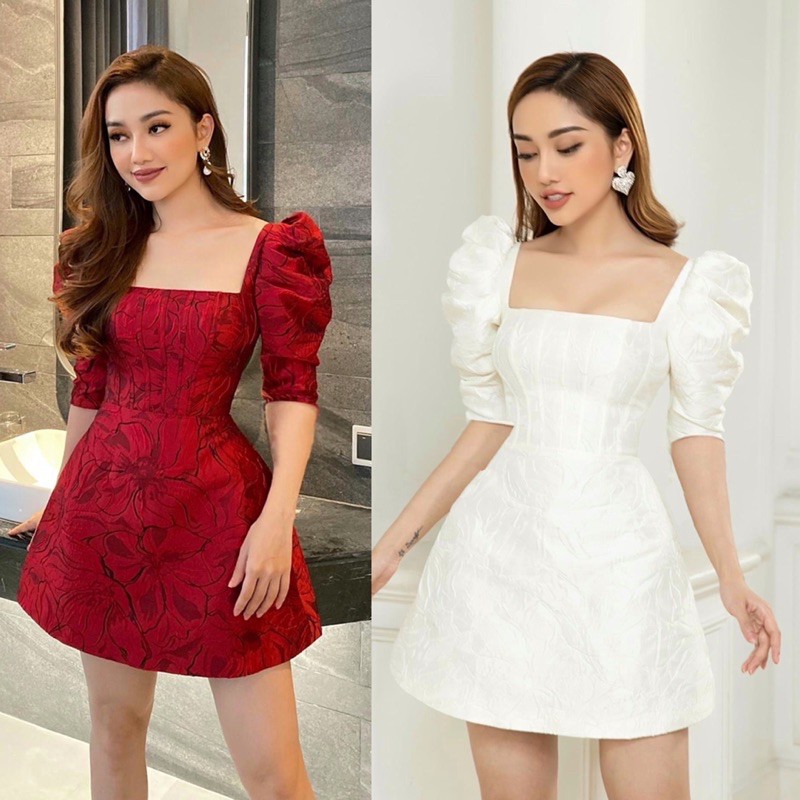 Váy tay bồng cổ vuông gấm xinh xắn 2 màu