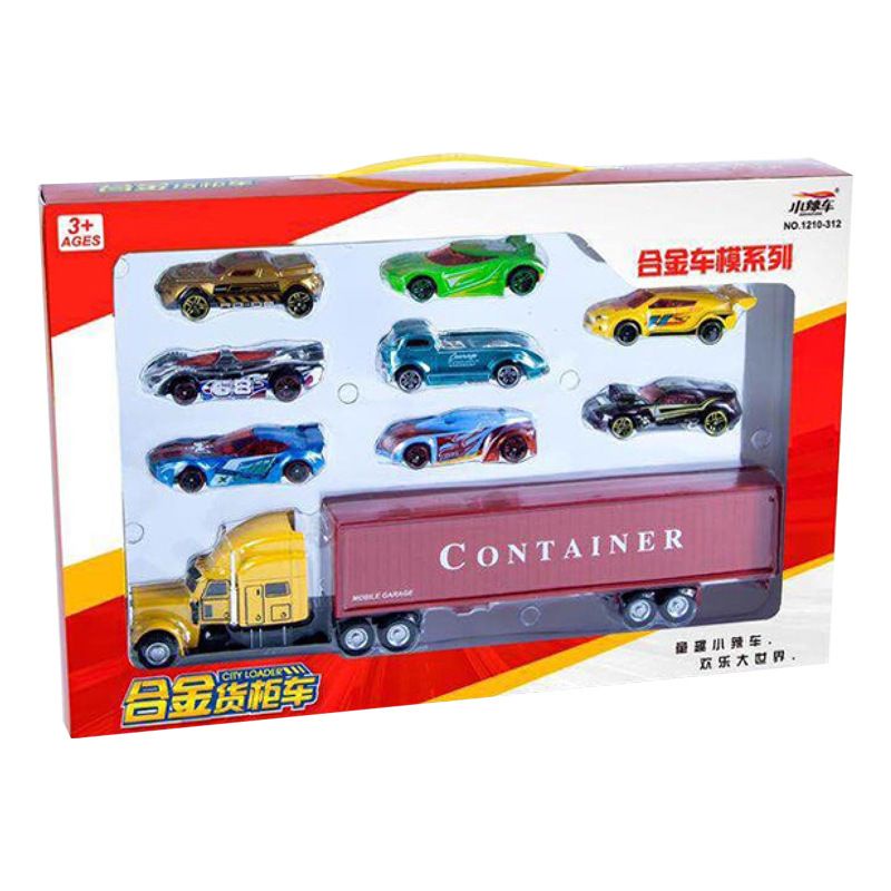 Hộp xe container đầu kim loại kèm 8 xe con