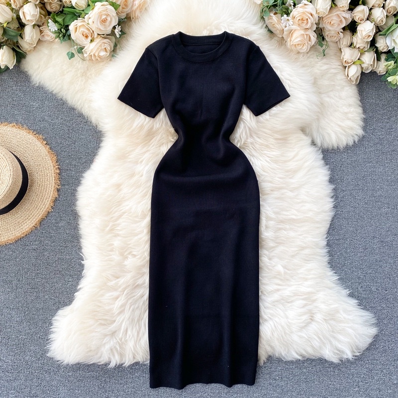 Đầm body thun len dệt kim màu trơn có tay