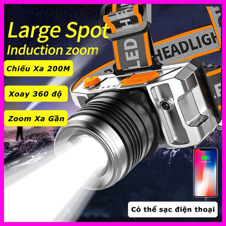Đèn pin siêu sáng đội đầu 1 bóng chiếu xa 200m, có Zoom xa gần, 3 chế độ, đèn pin đeo trán chống thấm nước