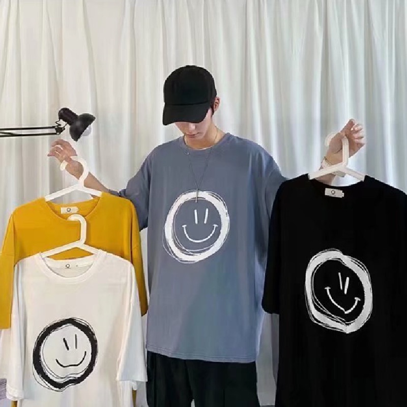 Áo Thun Tay Ngắn Dáng Rộng In Hình Biểu Tượng Cảm Xúc Kiểu Hip-Hop Đường Phố Hàn Quốc Cá Tính Cho Nam