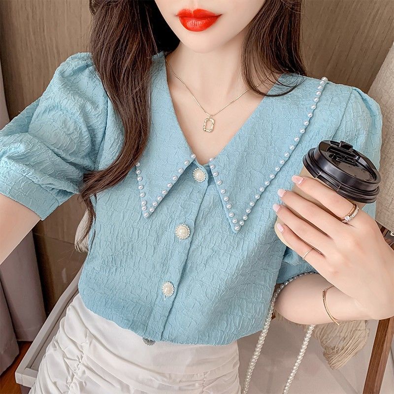 Áo Sơ Mi Vải Voan Tay Ngắn Phồng Cổ Búp Bê Thời Trang Mùa Hè Dành Cho Nữ JUQ7