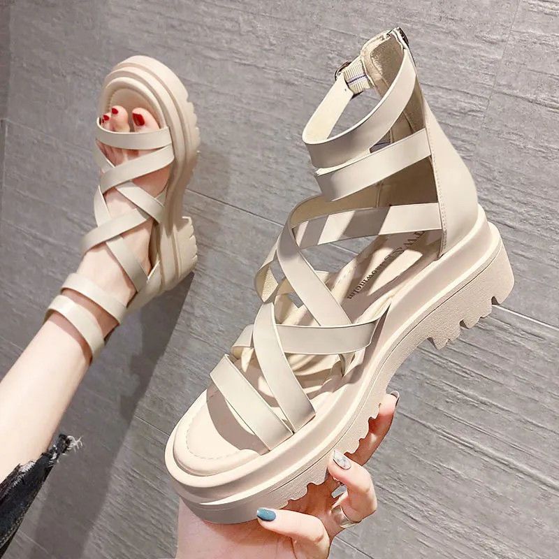 Giày Sandal Đế Xuồng Dày Cao Quai Chéo Sau Lưng Phong Cách Hàn Quốc Có Khóa Kéo 22 Kiểu Mới