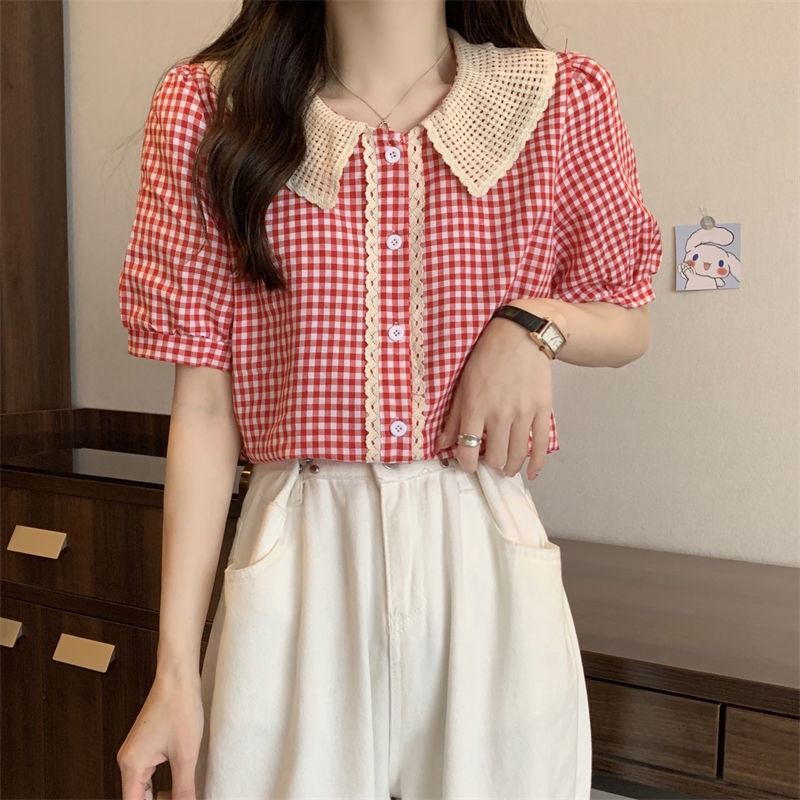 Áo Sơ Mi Tay Ngắn Dáng Rộng Cổ Búp Bê Kẻ Sọc Ca Rô Thiết Kế Mới Thời Trang Mùa Hè Cho Nữ
