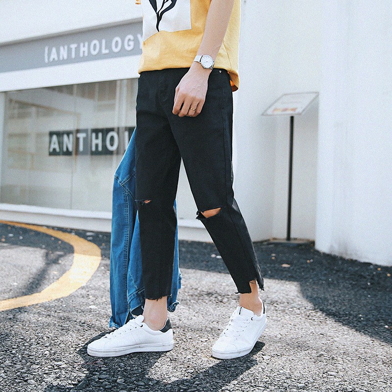 Quần bò/Quần ngố nam, loại mỏng, ống côn, co dãn, ôm sát, mài trang trí, thời trang, phù hợp cho mùa hè, mẫu mới nhất