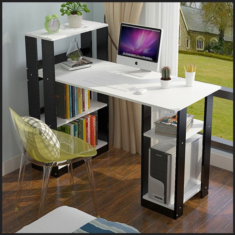 Bàn làm việc 💗FREESHIP💗 Bàn gỗ kèm kệ sách MDF thông minh phối màu Đen- Trắng