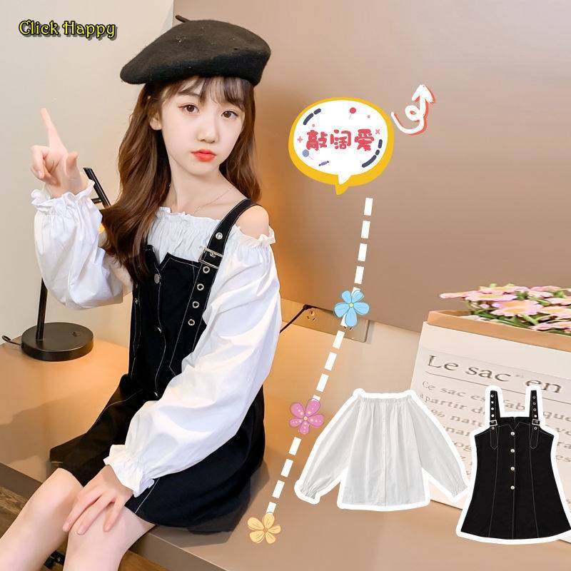 ClickHappy RRRJ Váy quây phiên bản hàn quốc các mẫu xuân thu, bé trai bé gái phiên bản tây phong cách hàn quốc cổ 1 chữ, eo, yếm giả váy 2 dây mỏng, giả váy