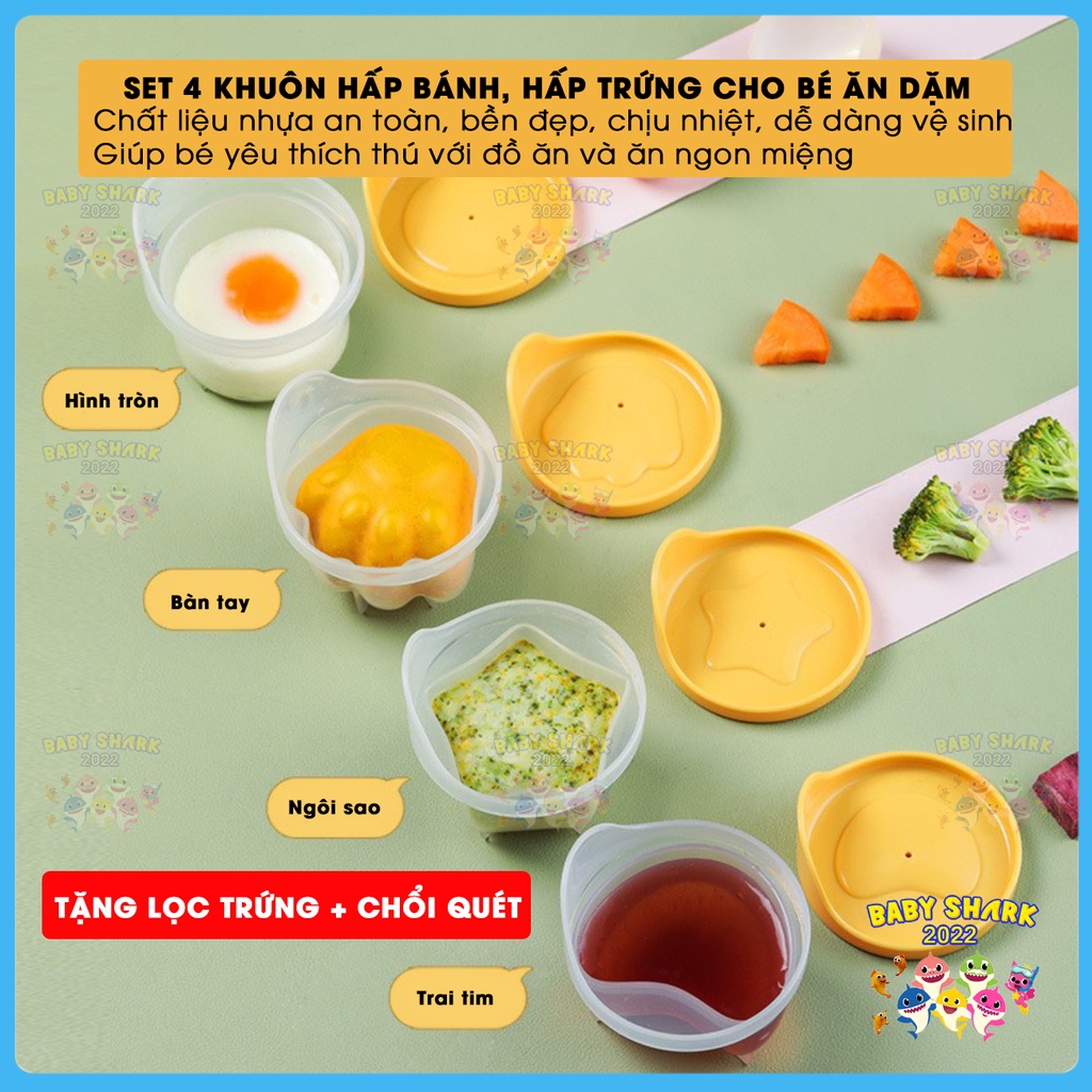[Loại đẹp 2022] Bộ 4 khuôn hấp bánh, hấp trứng có nắp cho bé ăn dặm