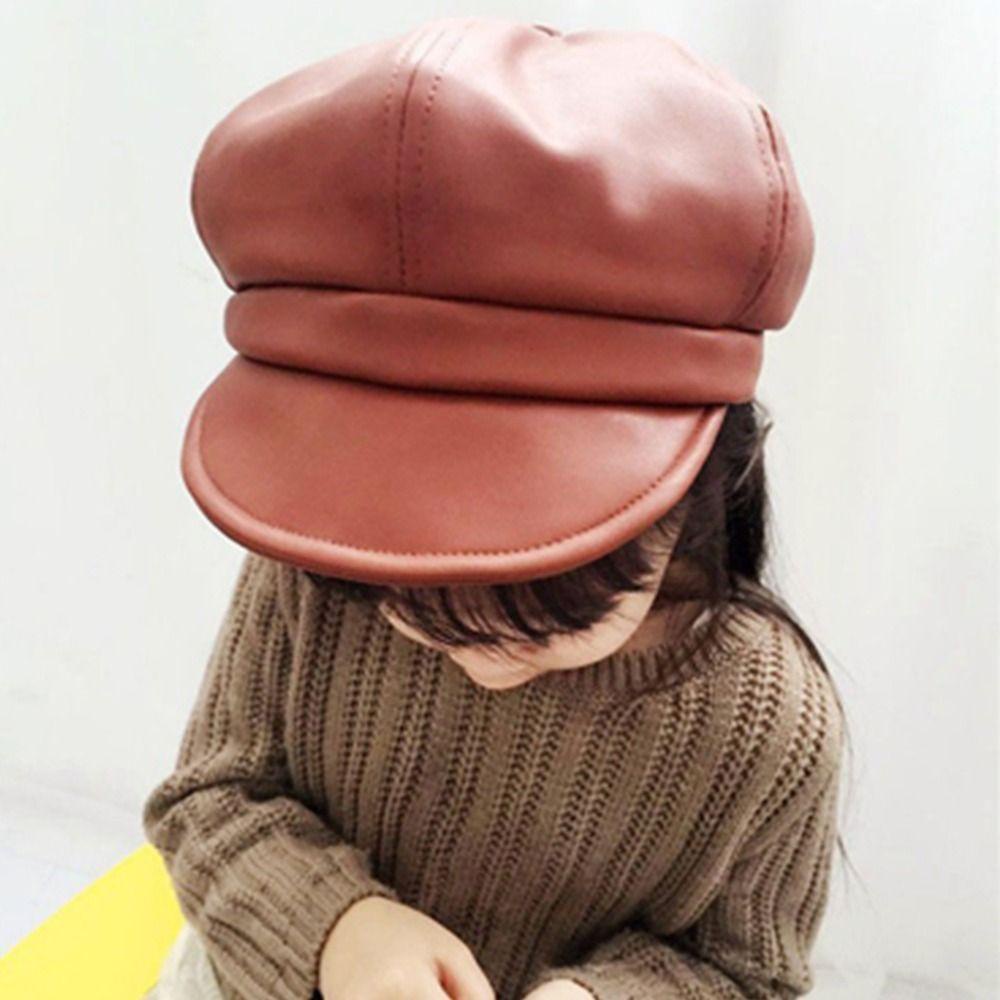 Mũ Nồi Da PU Hình Bát Giác Đơn Giản Thời Trang Thu Đông Cho Bé Gái