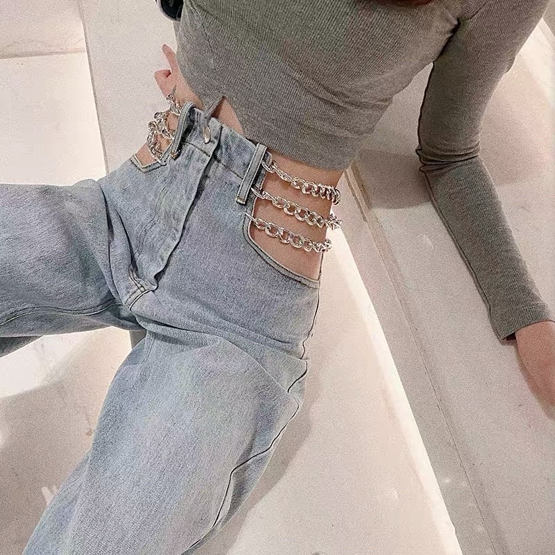 (ORDER) Quần jeans ống rộng cạp cao xích ngang khoe eo gợi cảm