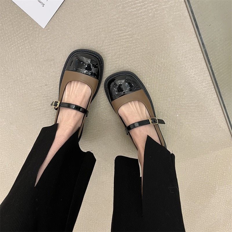 Giày bệt nữ da mềm hai màu, giày búp bê dây cài chất liệu mềm nhẹ thoải mái