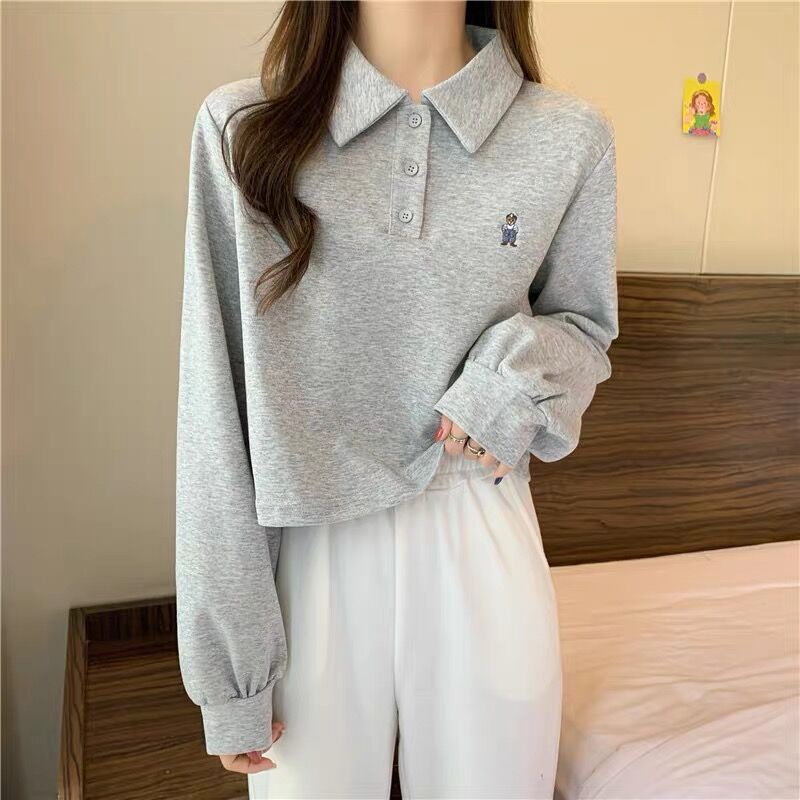 Áo Sweater Cổ Polo Dáng Rộng Thêu Hình Gấu Kiểu Hàn Quốc Thời Trang Mùa Thu Cho Nữ