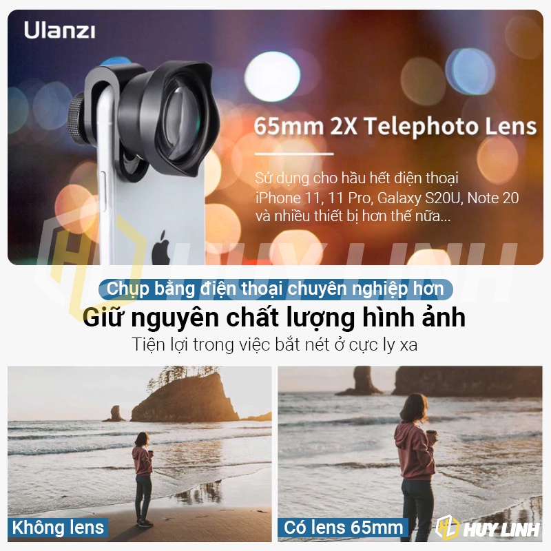 Lens điện thoại Ulanzi 65mm Tele 2X, macro 75mm, mắt cá 7.5mm, góc rộng 16mm+ kính lọc CPL 4K HD siêu nét