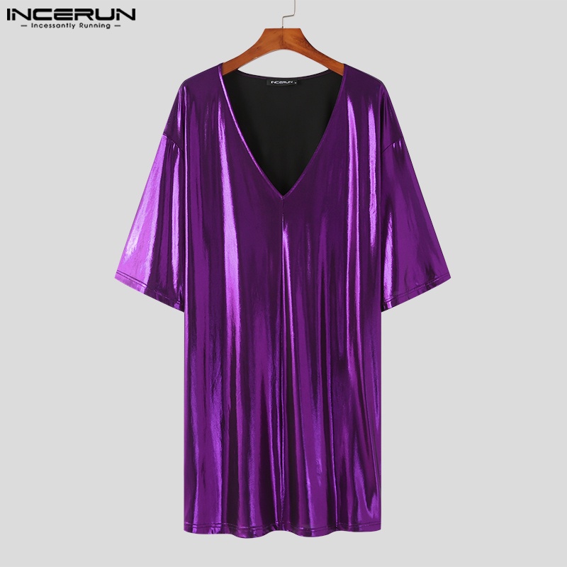 Áo thun INCERUN dài tay cổ chữ v màu sáng bóng thời trang cho nam