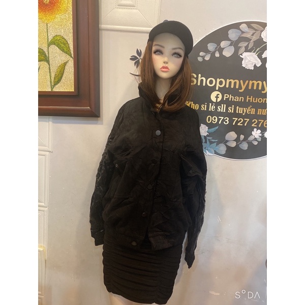 áo khoát dạ lộn màu đen phối da Hàng si