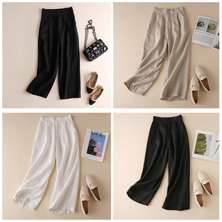 Quần ống rộng kiểu Nhật cạp cao lưng thun khóa cài trước chất đũi mát mẻ