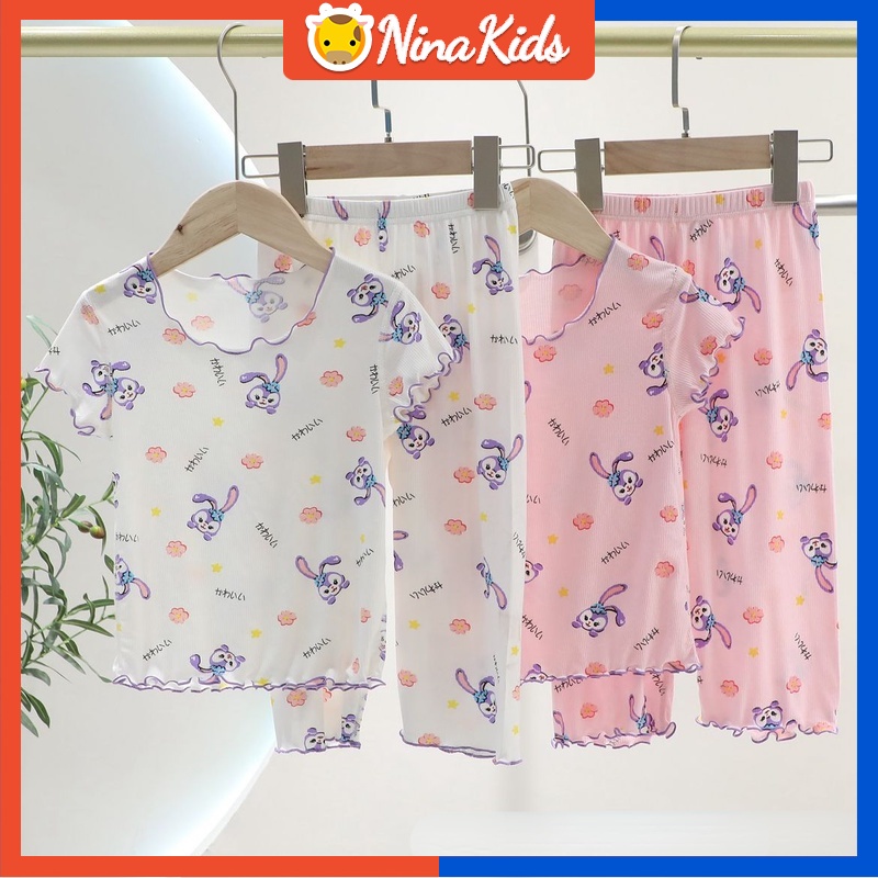 Bộ Đồ Ngủ Tay Ngắn + Quần short Bằng  Nguyên Chất In Họa Tiết Hoạt Hình Phong Cách Hàn Quốc Dễ Thương Dành Cho Bé Gái 1-7 Tuổi