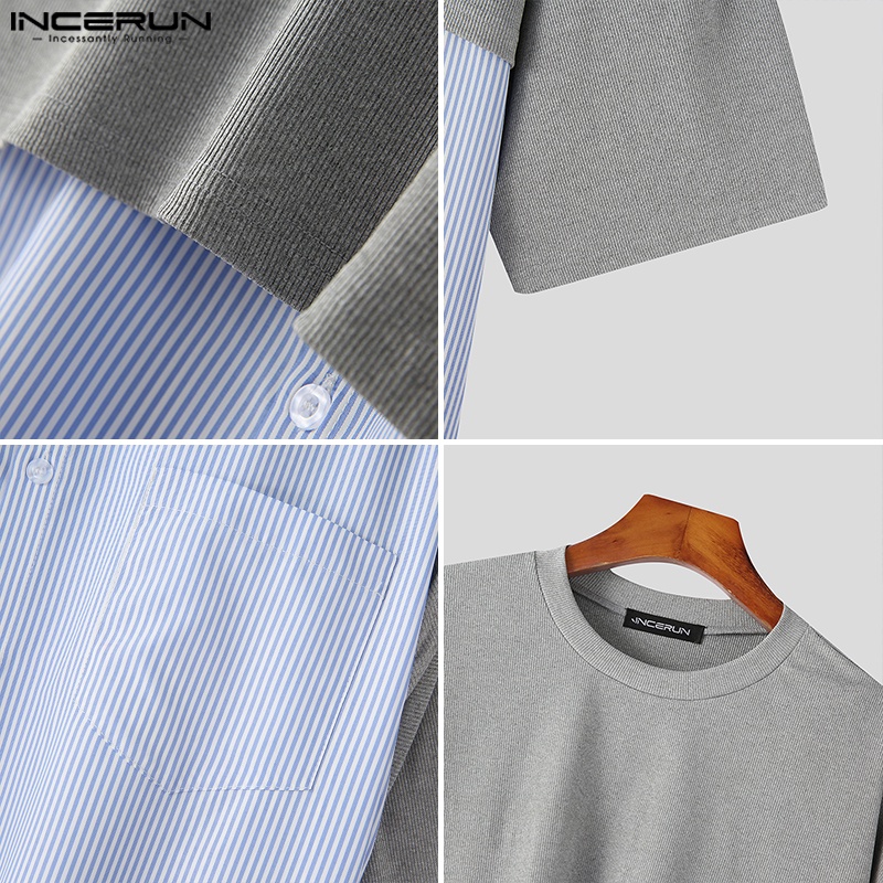 Áo kiểu INCERUN tay ngắn cổ tròn họa tiết kẻ sọc đơn giản thời trang cho nam