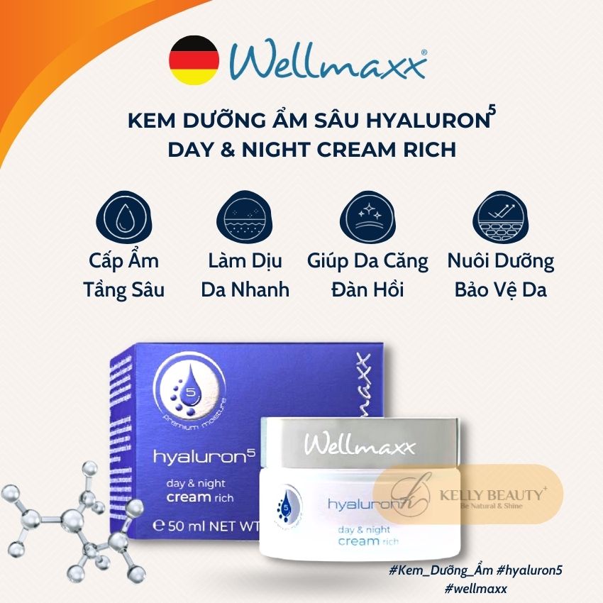Kem Dưỡng Ẩm Sâu WELLMAXX Hyaluron5 50ml - Cấp &amp; Giữ Ẩm Sâu, Giúp Da Căng Mịn, Đàn Hồi; Chống Lão Hóa Da | Kelly Beauty