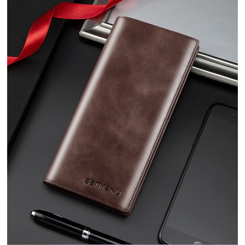 Ví Nam Da Bò Dài Cầm Tay Siêu Mỏng Gọn Bền Đẹp Nhiều Ngăn Tiện Lợi Công Nghệ RFID Blocking Chống Trộm Có Dây Kéo An Toàn