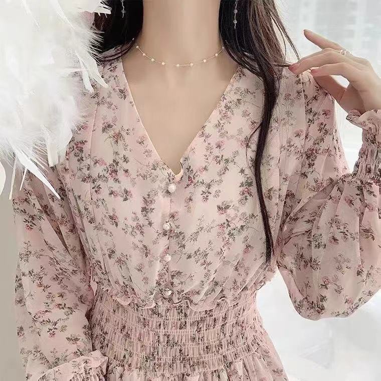 Đầm chiffon Dài Tay Eo Cao Cổ Chữ V Thời Trang Xuân Thu Phong Cách Hàn Quốc Mới