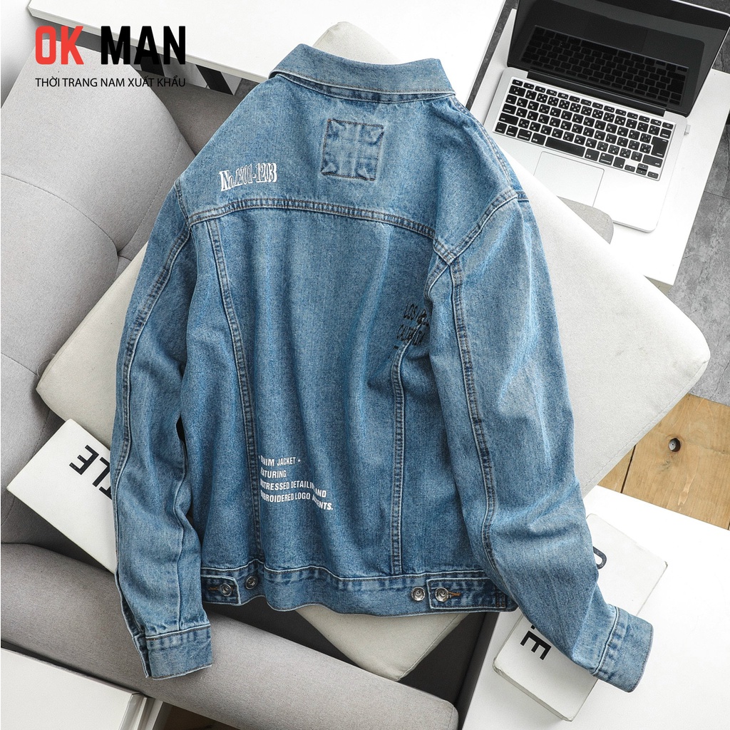Áo khoác jean nam in hình cao cấp, form slimfit, 2 màu, co giãn tốt, OkMan