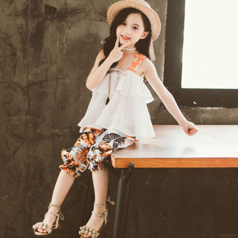 Bộ áo hai dây + quần dài in hoa lá dễ thương cho bé gái