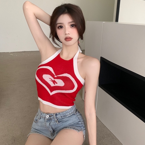 Áo ZHELIHANGFEI hai dây cổ yếm dệt kim họa tiết trái tim xinh xắn thời trang