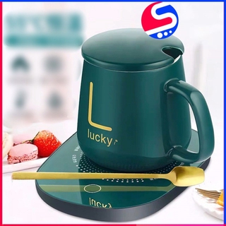 Cốc cafe giữ nhiệt kèm Thìa vàng và Đế Lucky. Chất liệu Sứ tráng men cao cấp. Giữ ấm liên tục cho đồ uống.