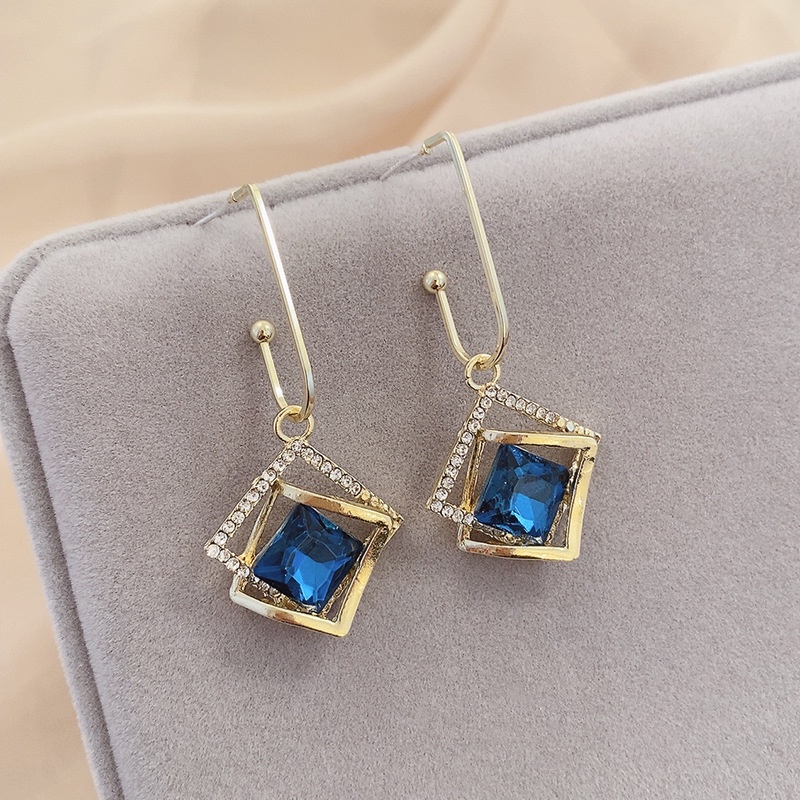 Bông Tai Hình Nơ Bằng Hợp Kim Đính Đá Xanh Dương Cỡ Lớn Thời Trang Cổ Điển