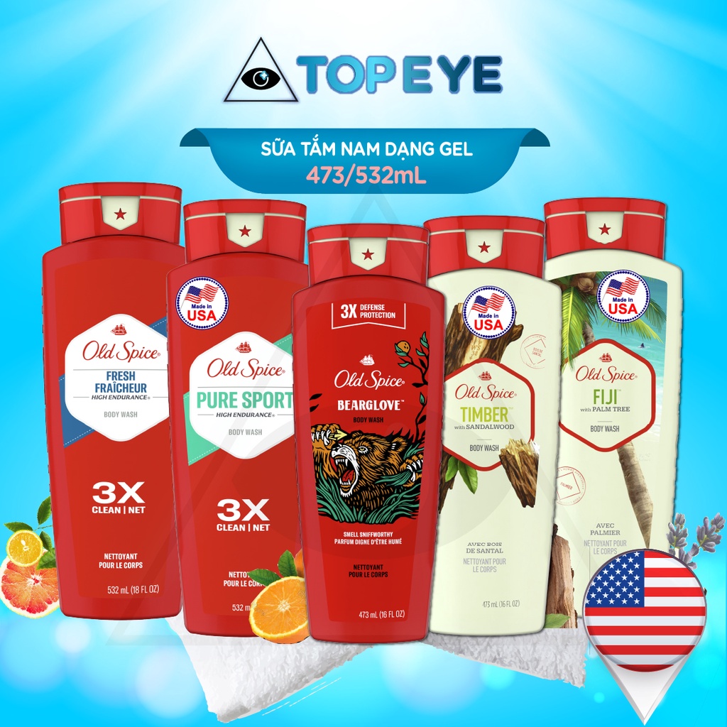USA I Tắm Gội 2in1 / Sữa Tắm khử mùi Old Spice dạng Gel 473ml / 532ml bearglove timber fiji pure sport fresh