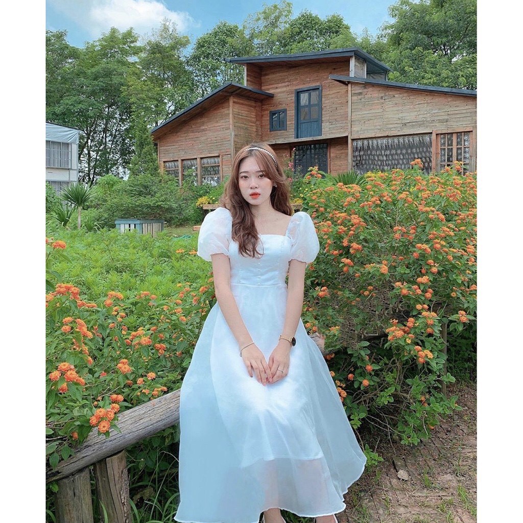 Đầm xòe tay phồng phối nút ngực chất tơ xinh cực [KÈM ẢNH THẬT]
