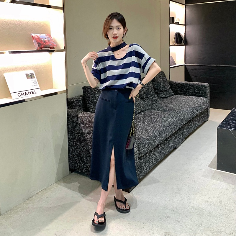 Áo thun ZHELIHANGFEI dệt kim tay ngắn dáng rộng kẻ sọc trẻ trung thời trang cho nữ