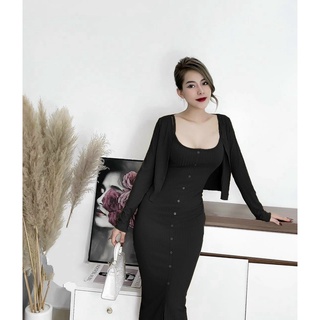 Set đồ nữ gồm váy hai dây có nút kết hợp áo khoác ngoài nhẹ nhàng nữ tính, váy ôm body hack dáng, tôn da [MẪU MỚI]