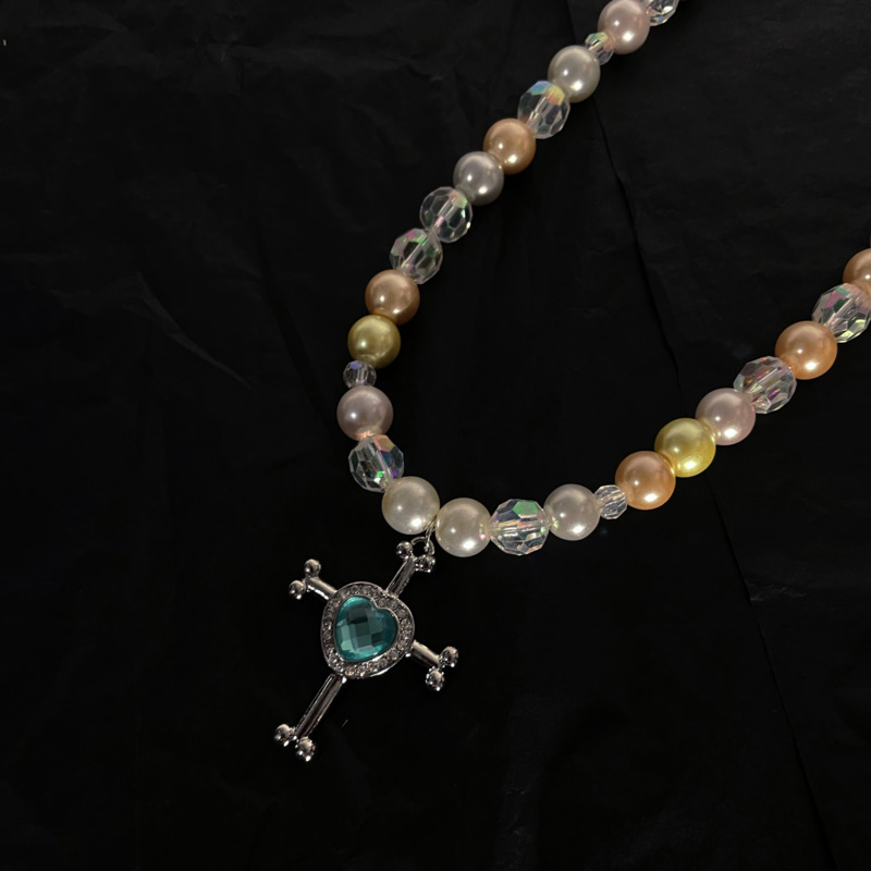 Dây chuyền 19924 chuỗi ngọc trai nhiều màu mặt thánh giá trái tim phong cách Hàn Quốc dễ phối đồ cổ điển