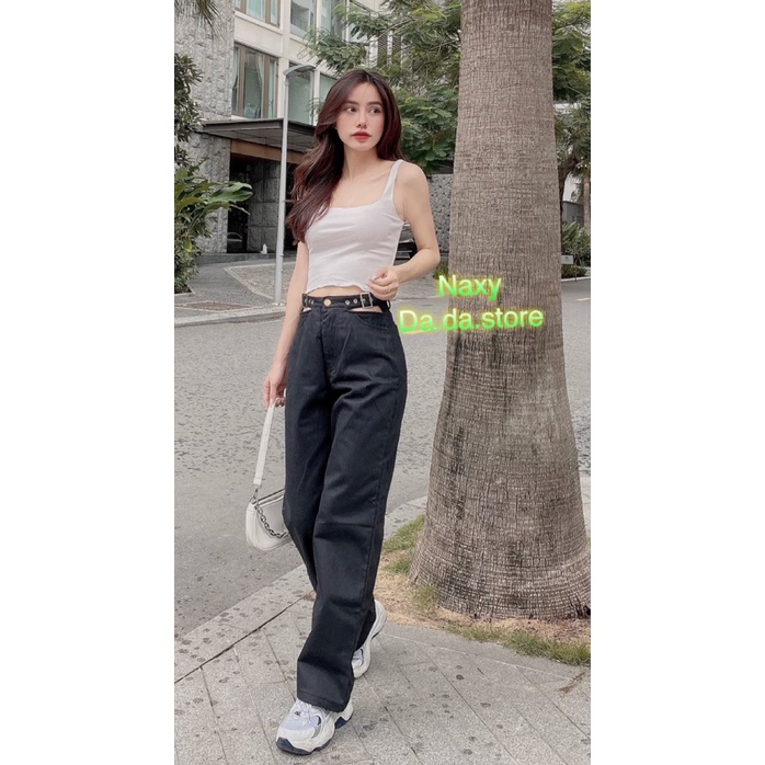 quần baggy xuông dài ống rộng nữ đen trắng khoen eo 3256