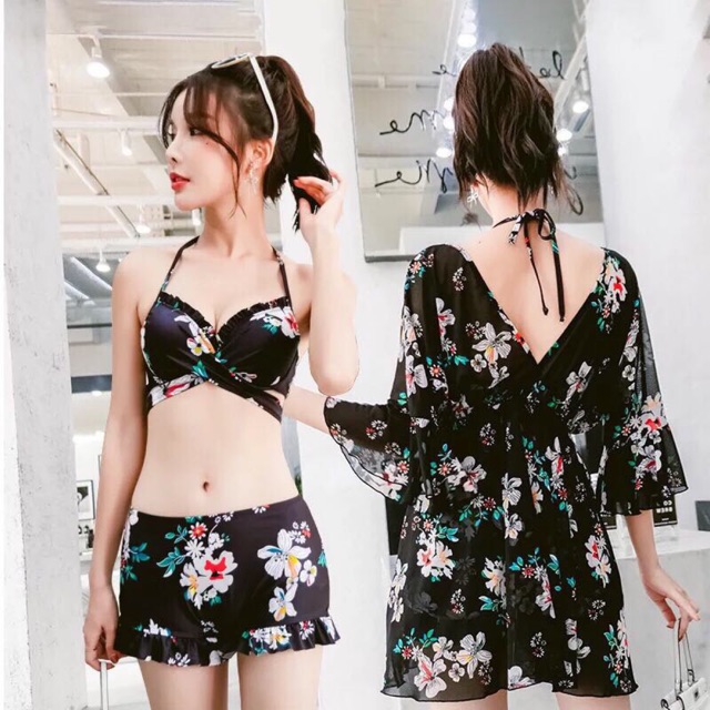 Bikini áo tắm cao cấp, đồ bơi nữ 3 mảnh, với áo choàng dáng váy đi biển hoạ tiết hoa | BigBuy360 - bigbuy360.vn