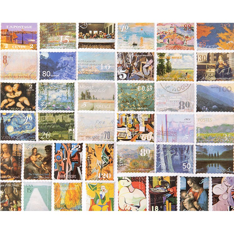 Hộp 45 miếng sticker mẫu tem hình các bức tranh