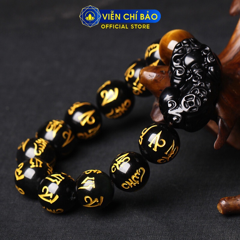 Vòng tay đá phong thủy Tỳ Hưu đen khắc Kinh Phật chữ vàng thời trang phụ kiện trang sức Viễn Chí Bảo V000461