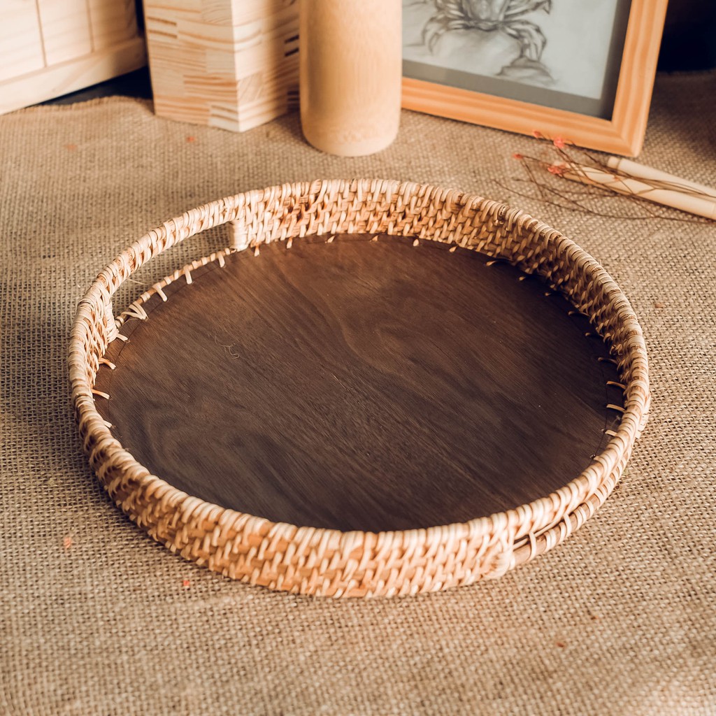 Khay tròn có quai bằng mây đế gỗ - Khay mây tròn-Wooden tea tray