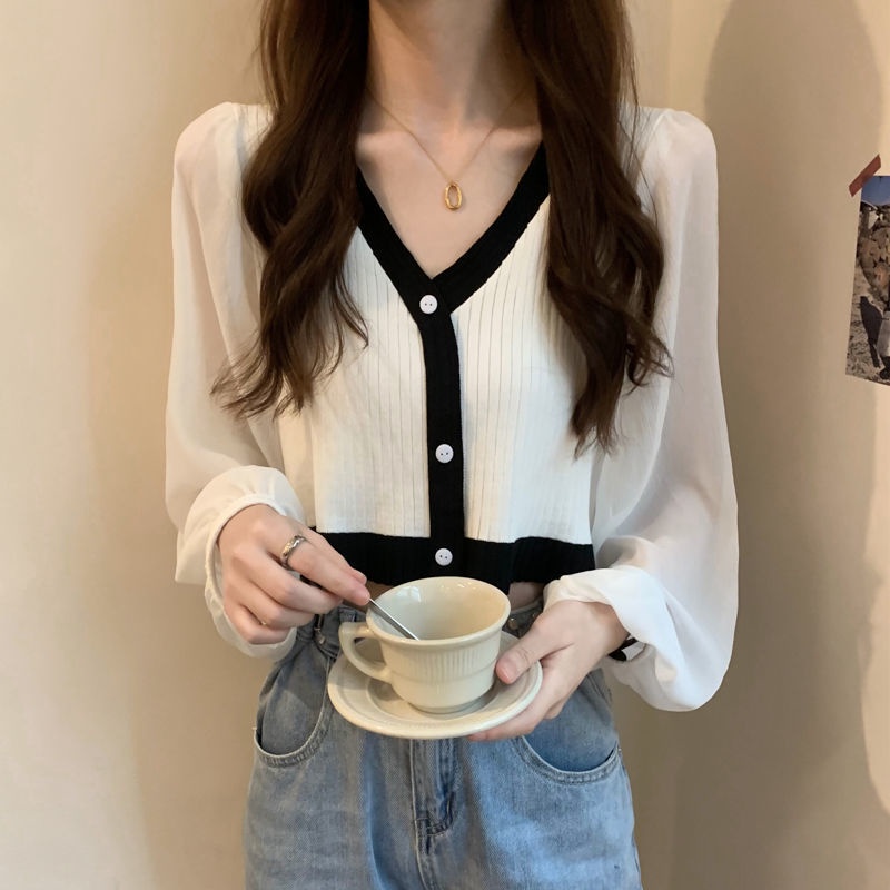 Áo bằng vải voan tay ngắn cổ chữ V thời trang Hàn Quốc cho nữ