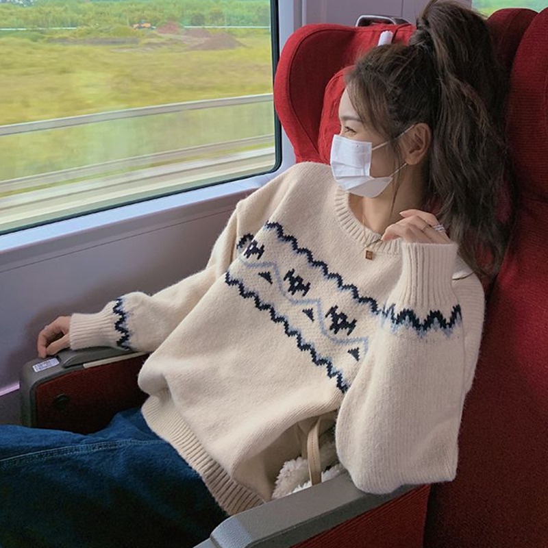 Áo Sweater Dệt Kim Tay Dài Dáng Rộng Kiểu Retro Hàn Quốc Dễ Thương