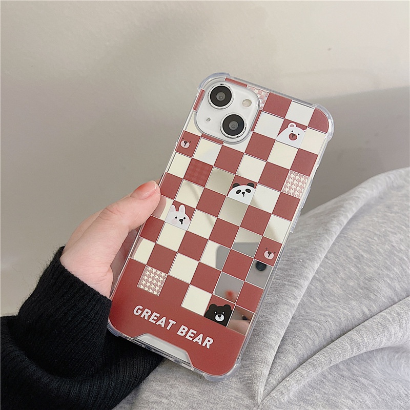Ốp Điện Thoại Tráng Gương Họa Tiết Kẻ Ô Hình Gấu Cho Apple Iphone 13 Pro Max x/6/7/8