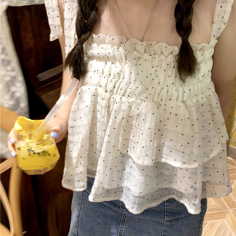 Áo Hai Dây Form Rộng Họa Tiết Chấm Bi Phong Cách Mới Cho Nữ